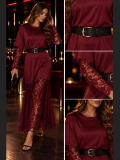 Elegancka sukienka w kolorze bordowym z satynowym połyskiem i koronką